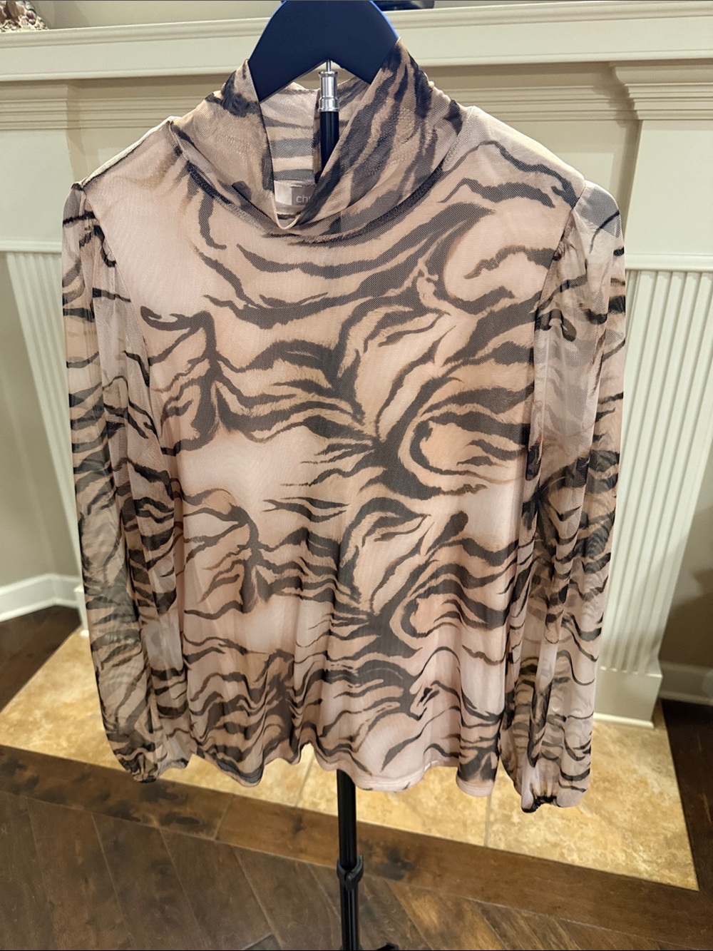 Chico's Sheer Mock Neck Animal-Print Top in Beige and Black